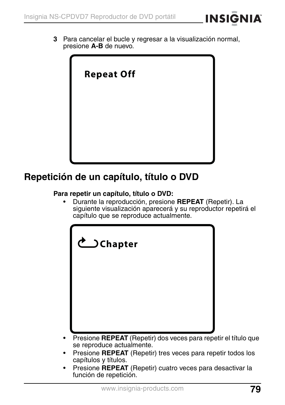 Repetición de un capítulo, título o dvd, Repeat off chapter | Insignia NS-CPDVD7 User Manual | Page 81 / 96