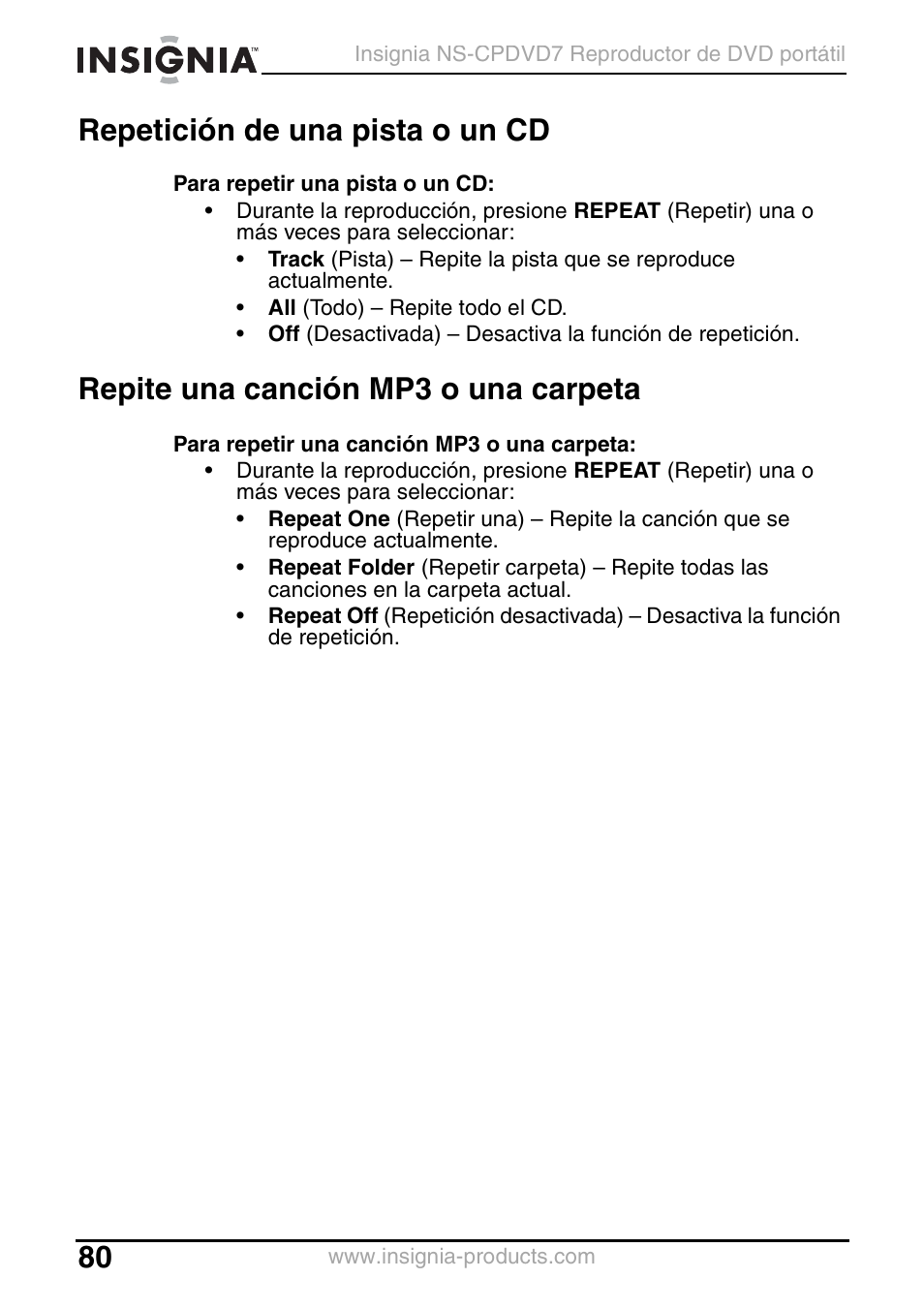 Repetición de una pista o un cd, Repite una canción mp3 o una carpeta | Insignia NS-CPDVD7 User Manual | Page 82 / 96