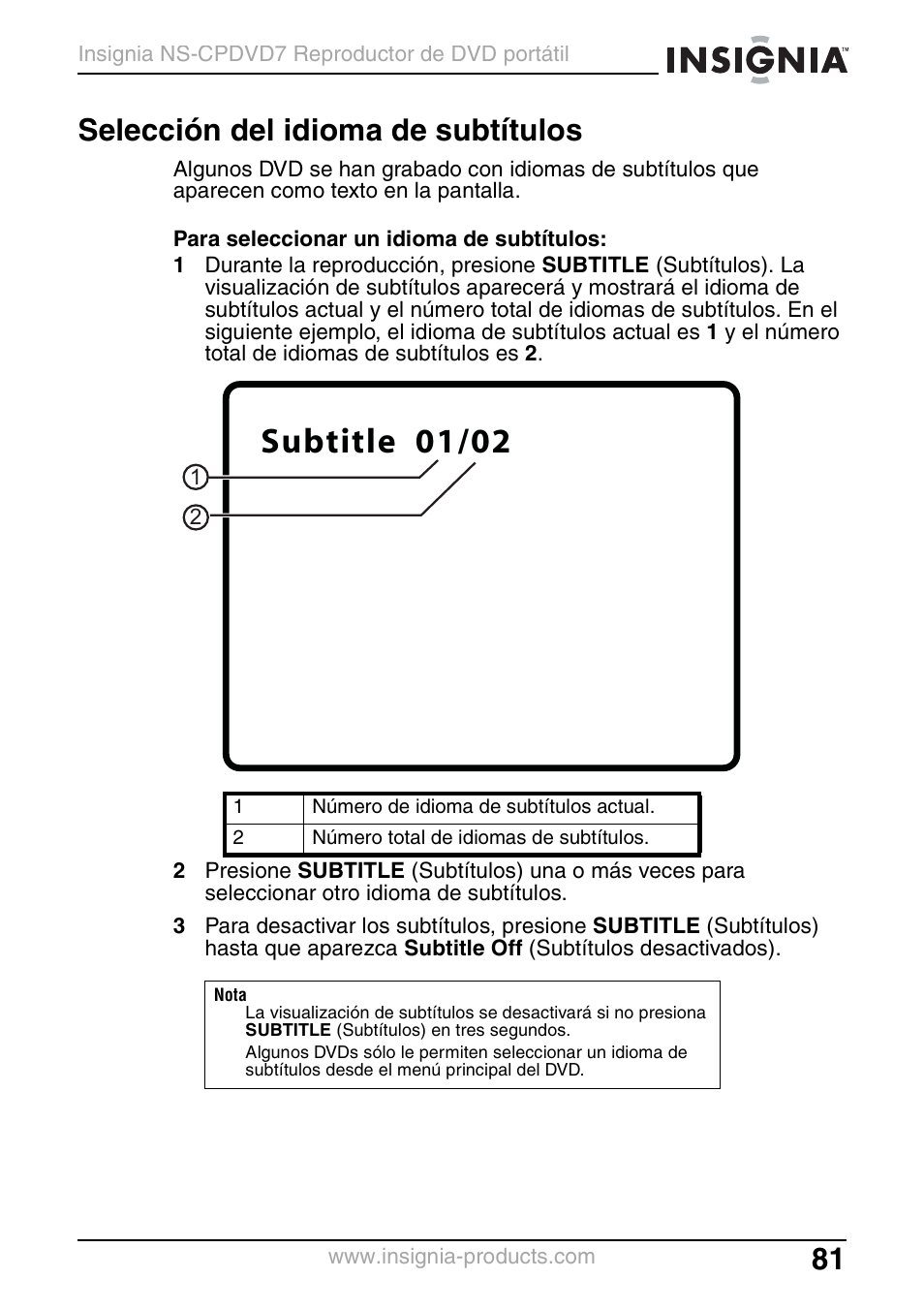 Selección del idioma de subtítulos, Subtitle 01/02 | Insignia NS-CPDVD7 User Manual | Page 83 / 96