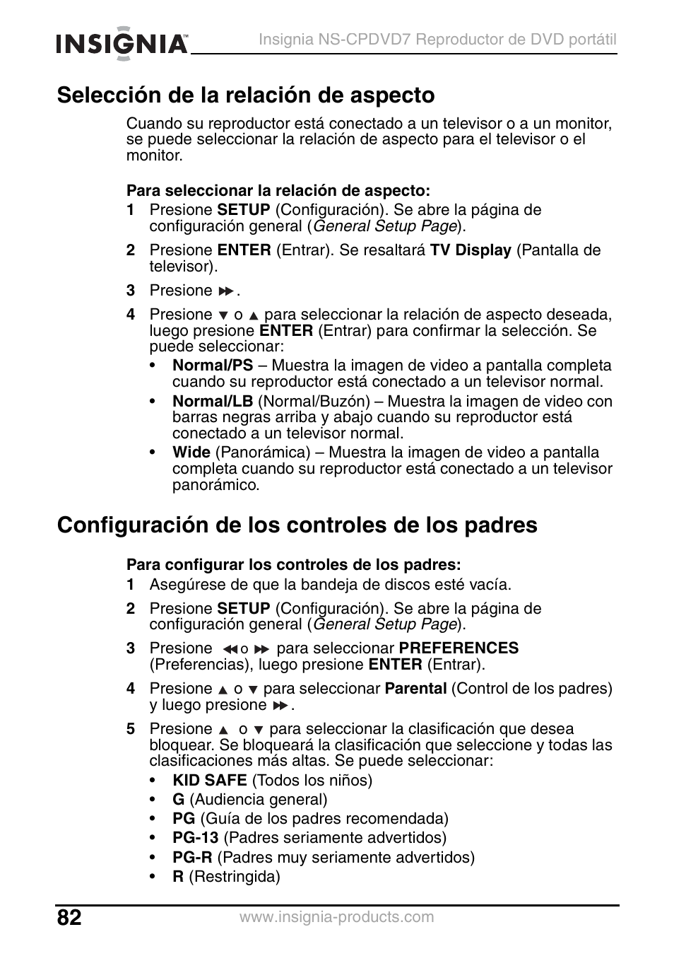 Selección de la relación de aspecto, Configuración de los controles de los padres | Insignia NS-CPDVD7 User Manual | Page 84 / 96