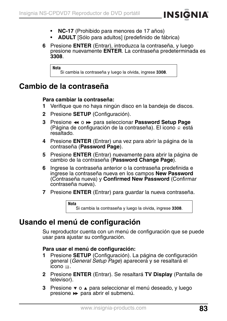 Cambio de la contraseña, Usando el menú de configuración | Insignia NS-CPDVD7 User Manual | Page 85 / 96