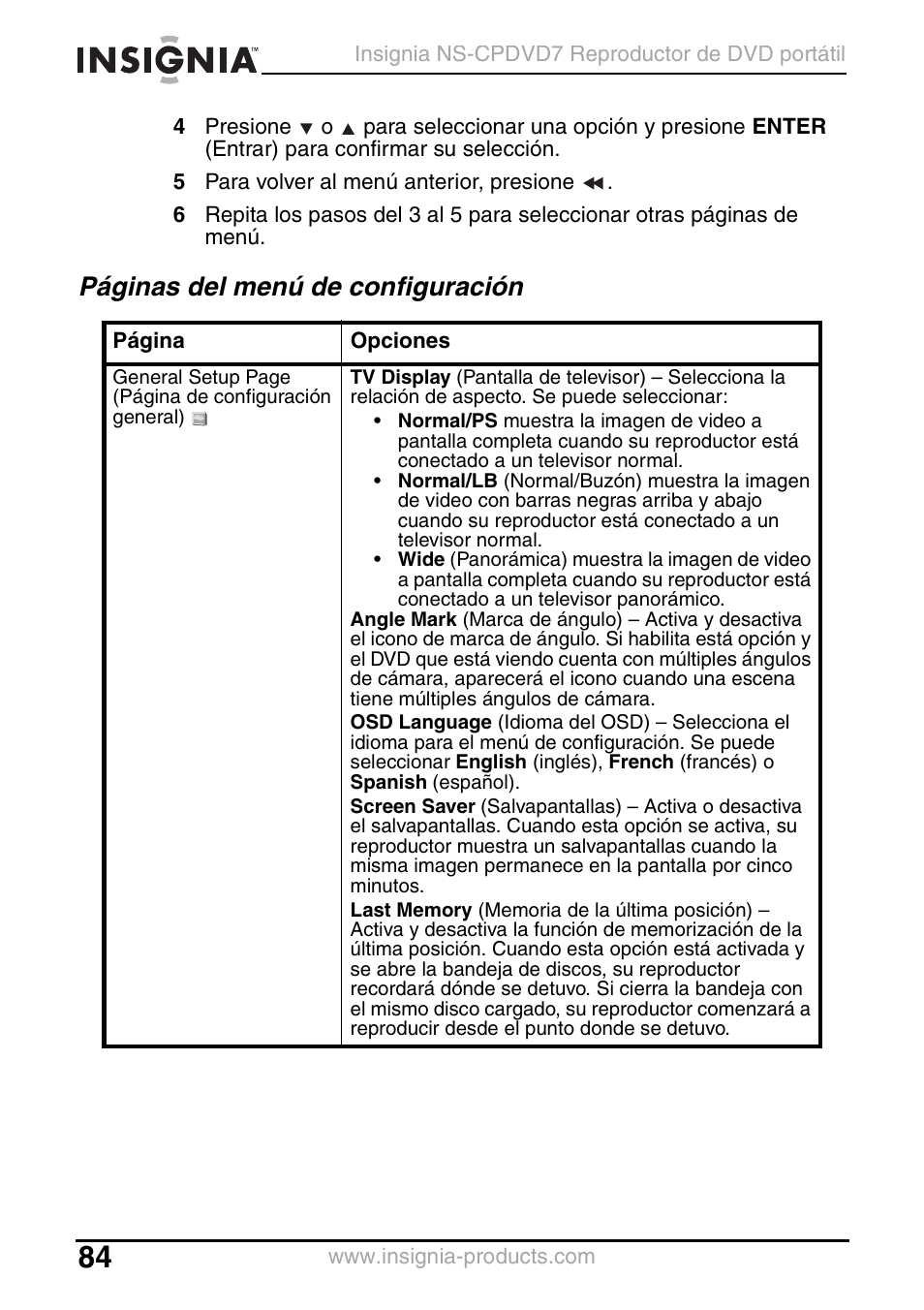 Páginas del menú de configuración | Insignia NS-CPDVD7 User Manual | Page 86 / 96