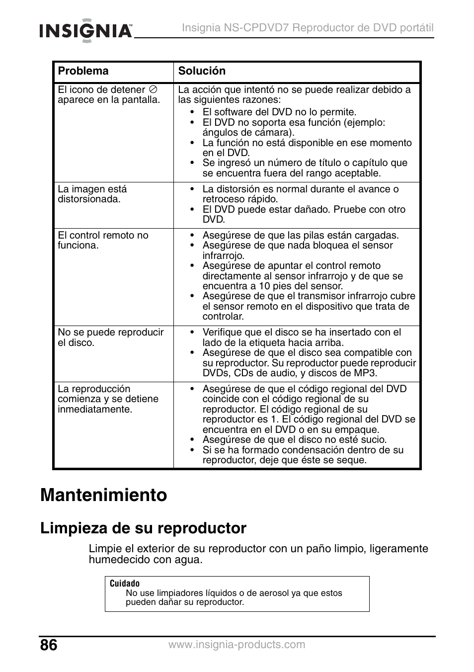 Mantenimiento, Limpieza de su reproductor | Insignia NS-CPDVD7 User Manual | Page 88 / 96