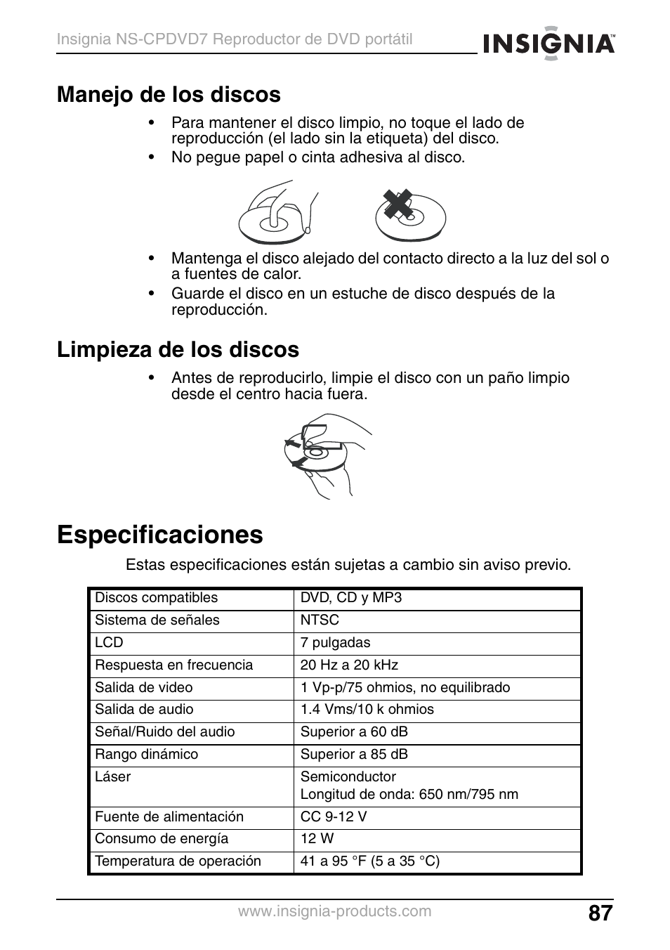 Manejo de los discos, Limpieza de los discos, Especificaciones | Insignia NS-CPDVD7 User Manual | Page 89 / 96