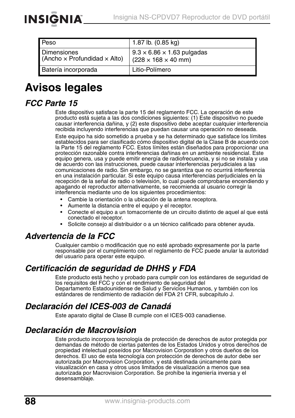 Avisos legales, Fcc parte 15, Advertencia de la fcc | Certificación de seguridad de dhhs y fda, Declaración del ices-003 de canadá, Declaración de macrovision | Insignia NS-CPDVD7 User Manual | Page 90 / 96