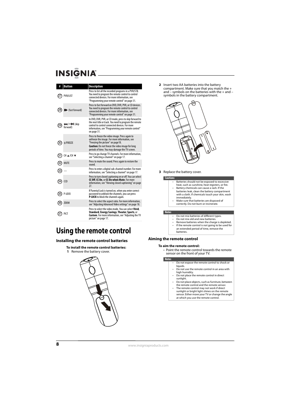 Using the remote control, Installing the remote control batteries, Aiming the remote control | Insignia NS-L42Q-10A User Manual | Page 12 / 60