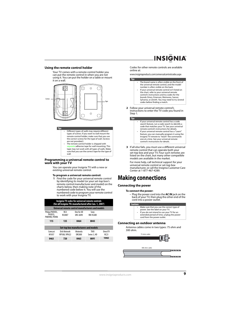 Using the remote control holder, Making connections, Connecting the power | Connecting an outdoor antenna, Connecting the power connecting an outdoor antenna, Ee “connecting an outdoor antenna” o, Ge 9 or | Insignia NS-L42Q-10A User Manual | Page 13 / 60