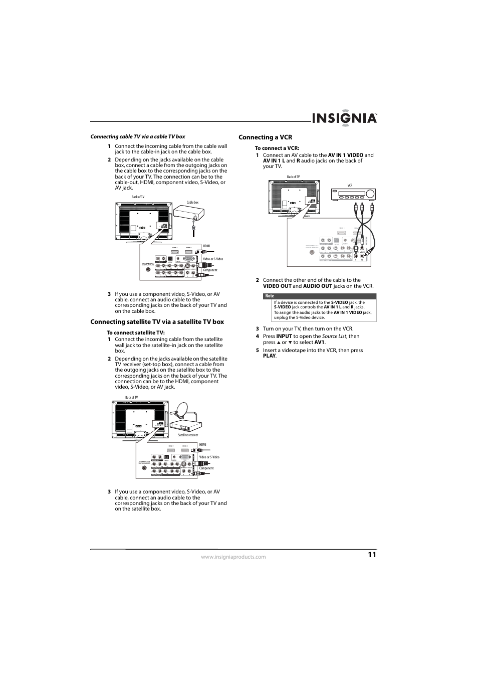 Connecting satellite tv via a satellite tv box, Connecting a vcr, Ee “connecting a vcr | Connecting cable tv via a cable tv box | Insignia NS-L42Q-10A User Manual | Page 15 / 60