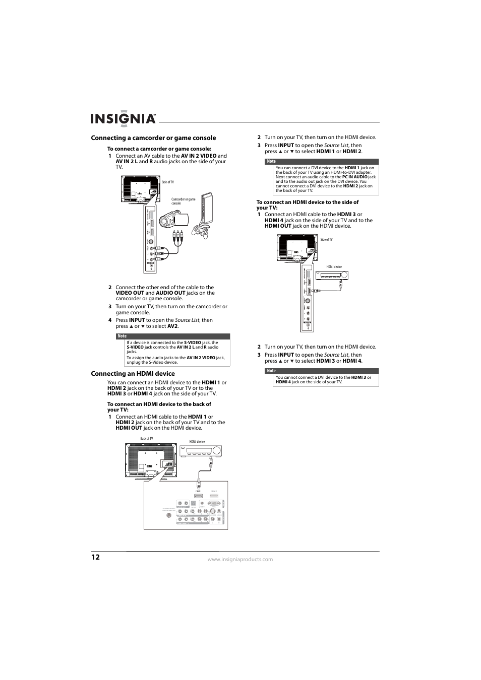Connecting a camcorder or game console, Connecting an hdmi device, See “connecting an hdmi device” o | See “connecting an hdmi device | Insignia NS-L42Q-10A User Manual | Page 16 / 60