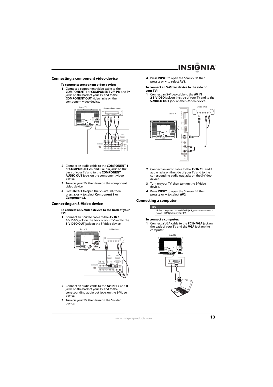 Connecting a component video device, Connecting an s-video device, Connecting a computer | Connecting a computer” o, Ee “connecting a computer, E “connecting an s-video device, Ee “connecting an s-video device, Ee “connecting an s-video device” o, 13 o | Insignia NS-L42Q-10A User Manual | Page 17 / 60