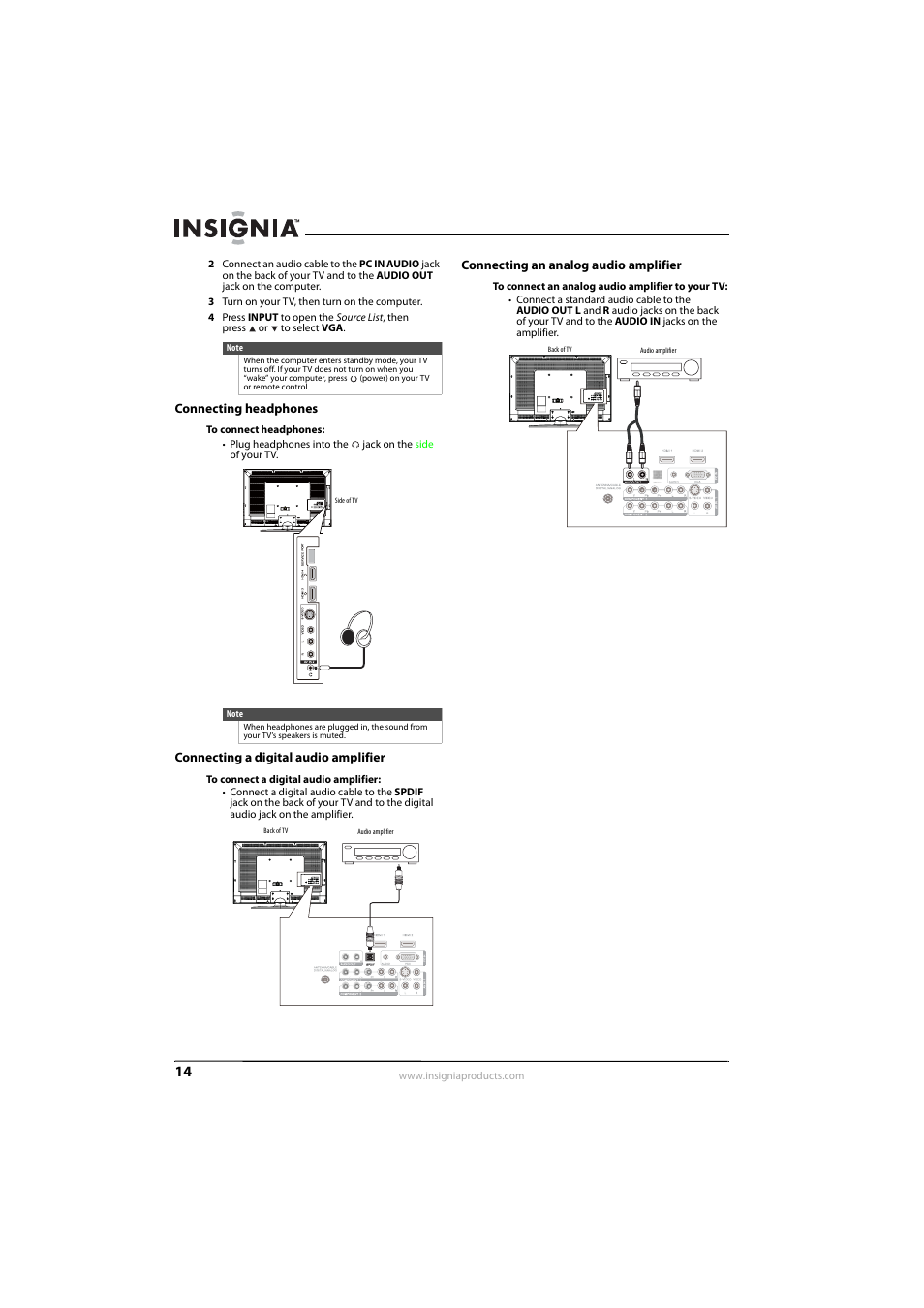 Connecting headphones, Connecting a digital audio amplifier, Connecting an analog audio amplifier | E “connecting an analog audio amplifier, See “connecting a digital audio amplifier, Ee “connecting headphones | Insignia NS-L42Q-10A User Manual | Page 18 / 60