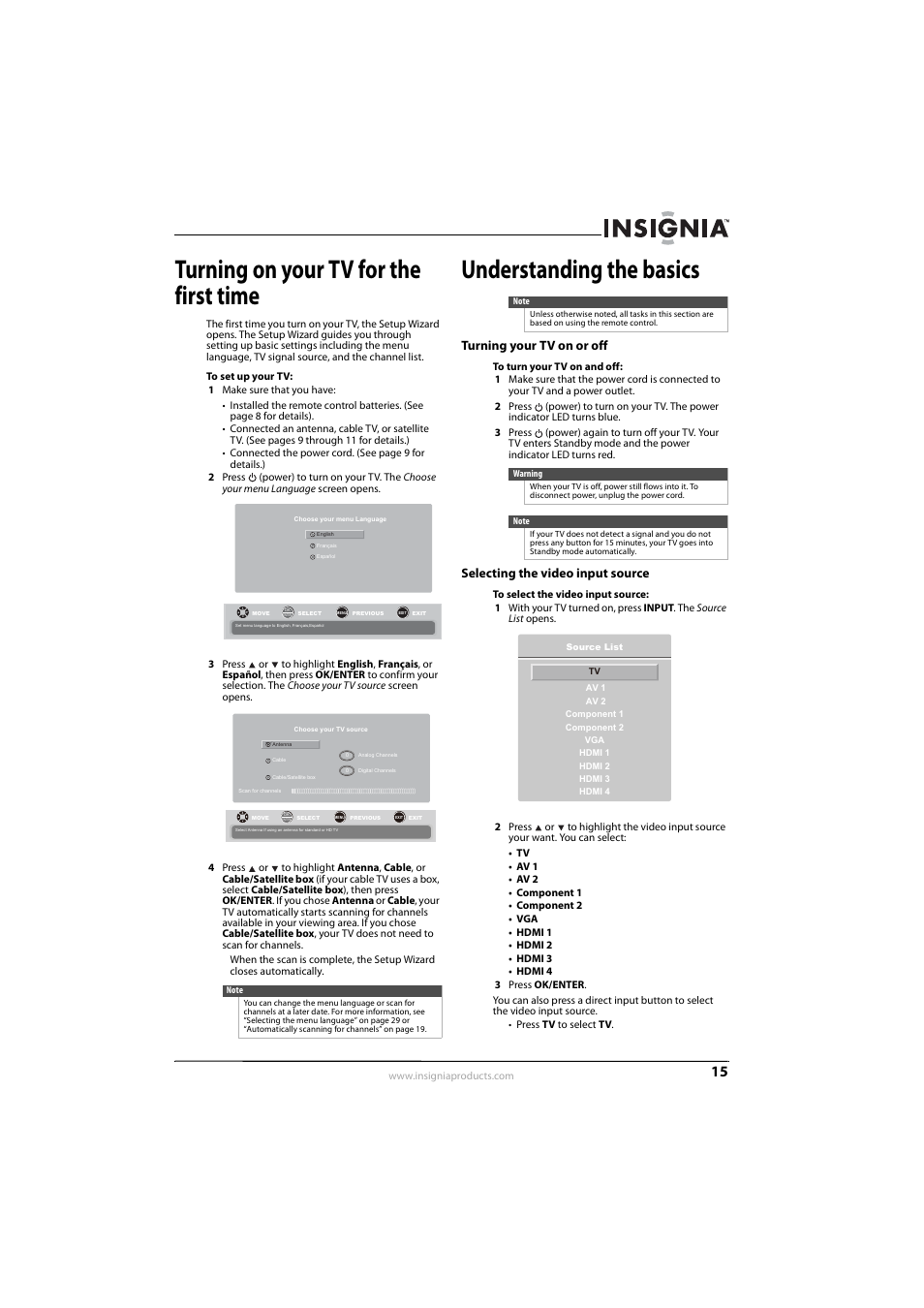 Turning on your tv for the first time, Understanding the basics, Turning your tv on or off | Selecting the video input source, Ee “selecting the video input source | Insignia NS-L42Q-10A User Manual | Page 19 / 60