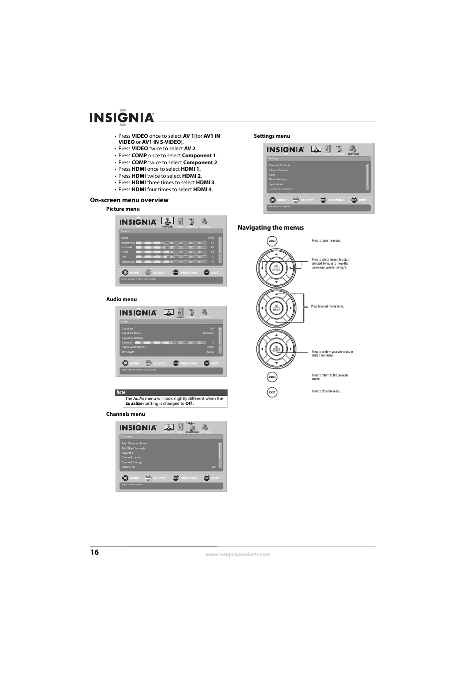 On-screen menu overview, Navigating the menus, On-screen menu overview navigating the menus | Insignia NS-L42Q-10A User Manual | Page 20 / 60