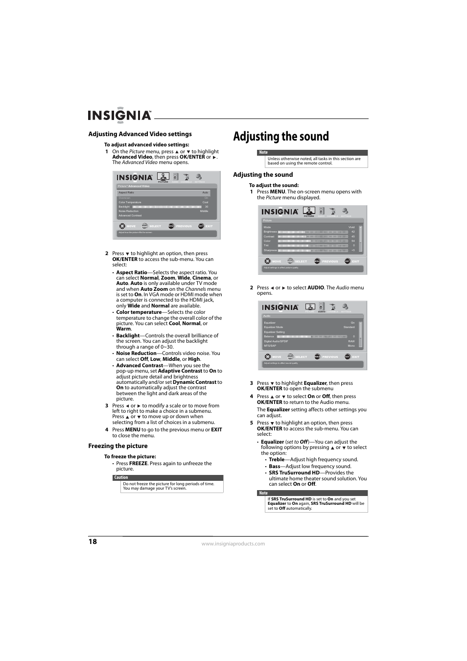 Adjusting advanced video settings, Freezing the picture, Adjusting the sound | Adjusting advanced video settings” on | Insignia NS-L42Q-10A User Manual | Page 22 / 60