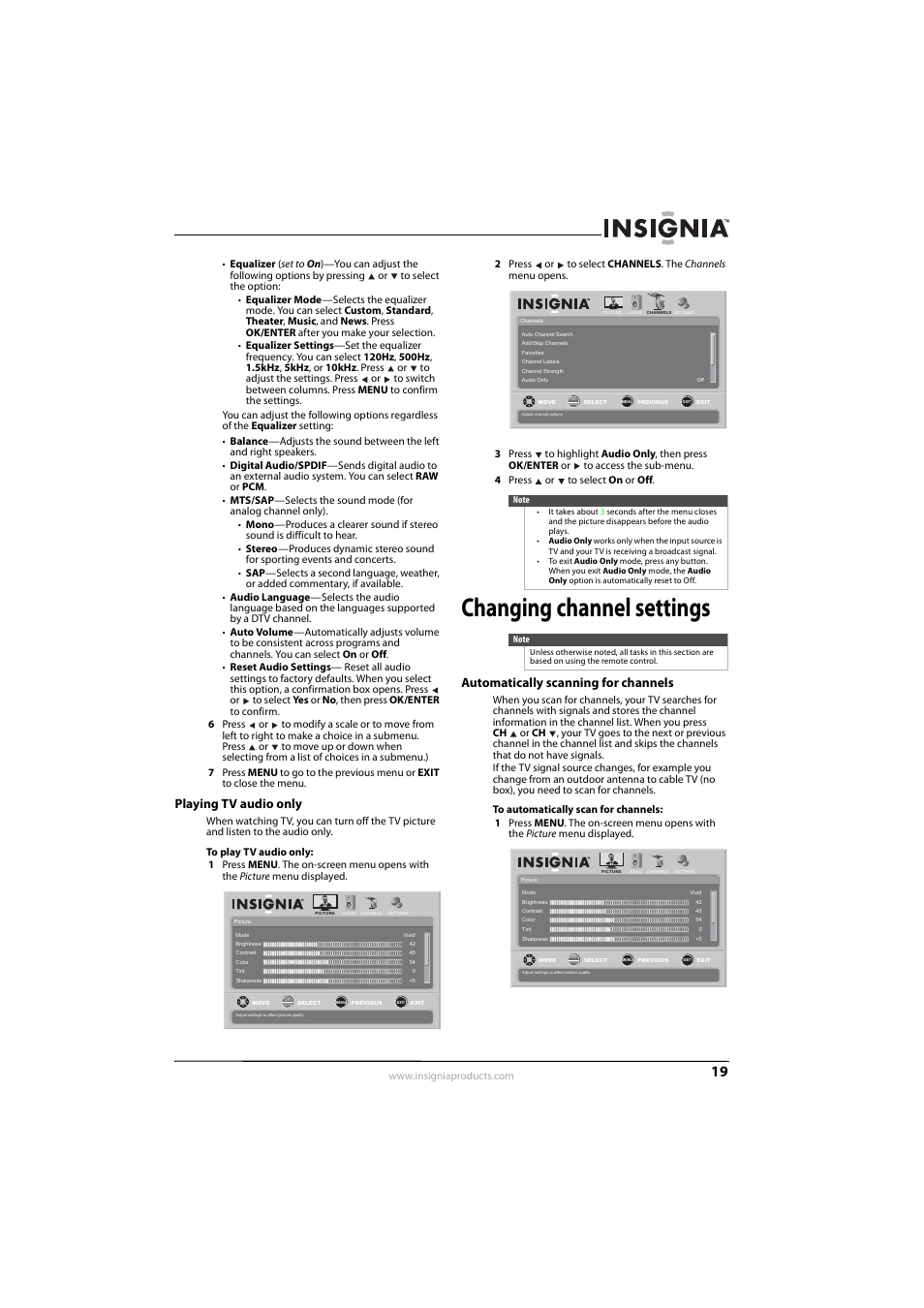 Playing tv audio only, Changing channel settings, Automatically scanning for channels | Insignia NS-L42Q-10A User Manual | Page 23 / 60