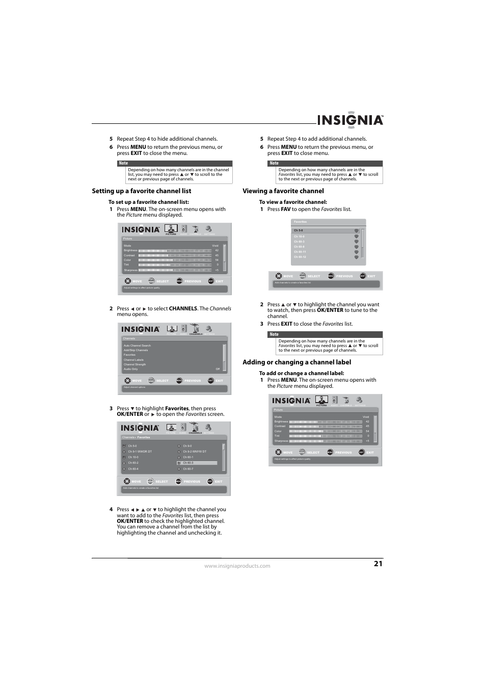 Setting up a favorite channel list, Viewing a favorite channel, Adding or changing a channel label | Insignia NS-L42Q-10A User Manual | Page 25 / 60