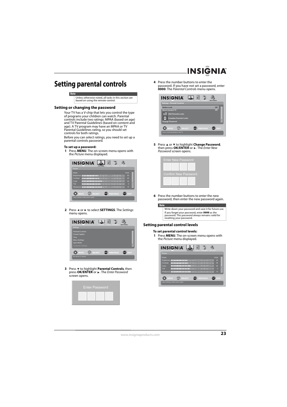 Setting parental controls, Setting or changing the password, Setting parental control levels | Enter password, Enter new password confirm new password | Insignia NS-L42Q-10A User Manual | Page 27 / 60