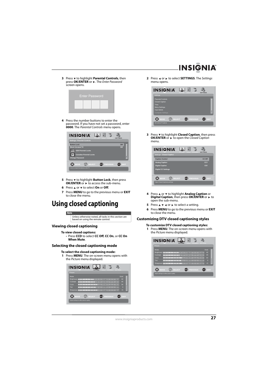 Using closed captioning, Viewing closed captioning, Selecting the closed captioning mode | Customizing dtv closed captioning styles, See “viewing closed captioning, Enter password | Insignia NS-L42Q-10A User Manual | Page 31 / 60