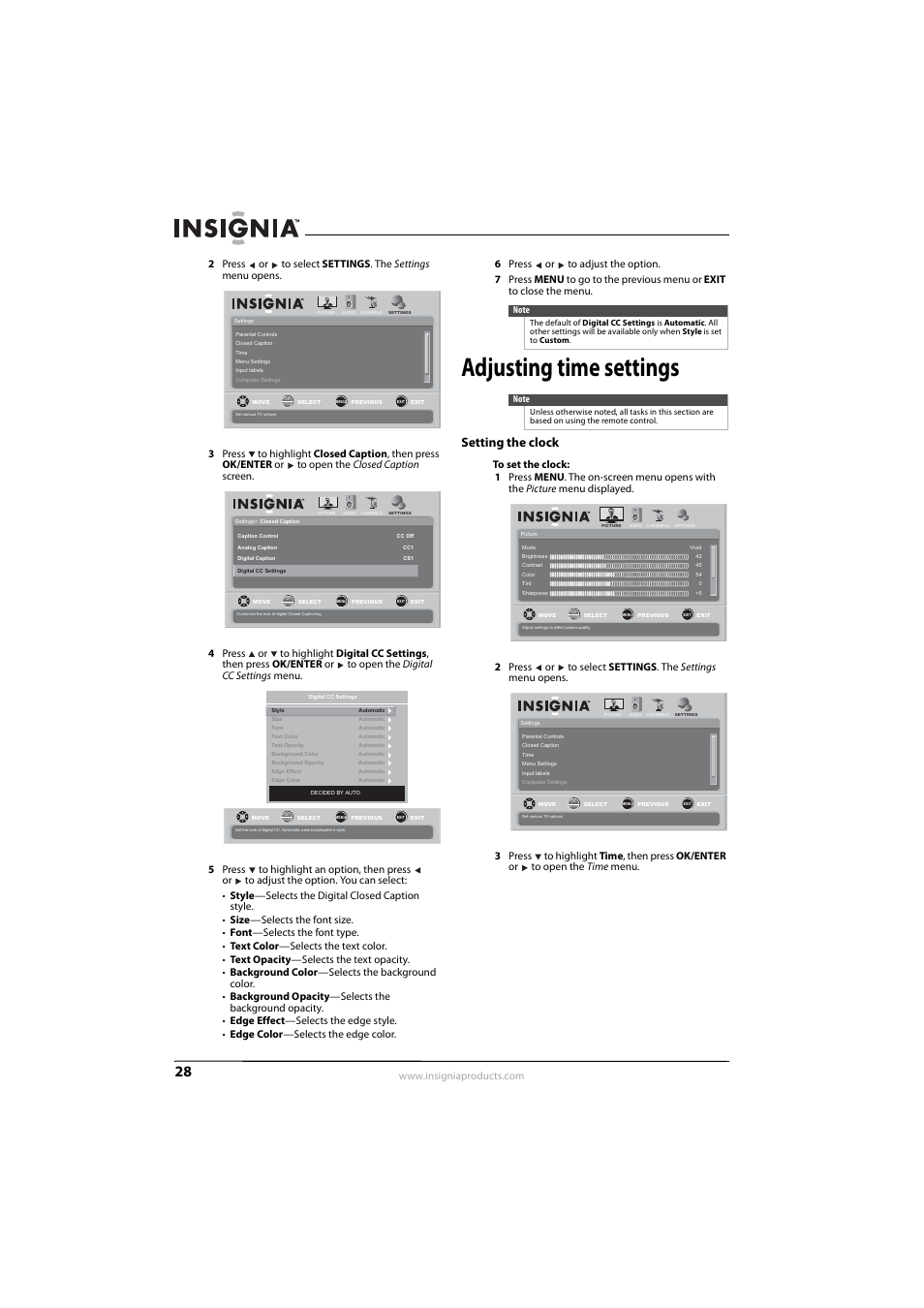Adjusting time settings, Setting the clock | Insignia NS-L42Q-10A User Manual | Page 32 / 60