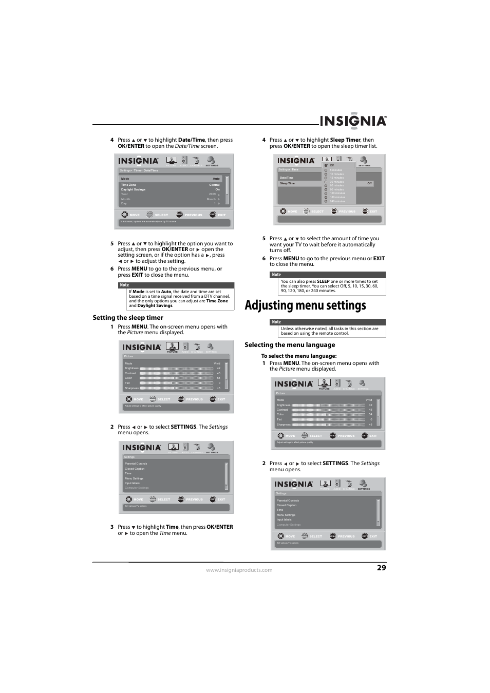 Setting the sleep timer, Adjusting menu settings, Selecting the menu language | Selecting the menu language” o, 29 o | Insignia NS-L42Q-10A User Manual | Page 33 / 60