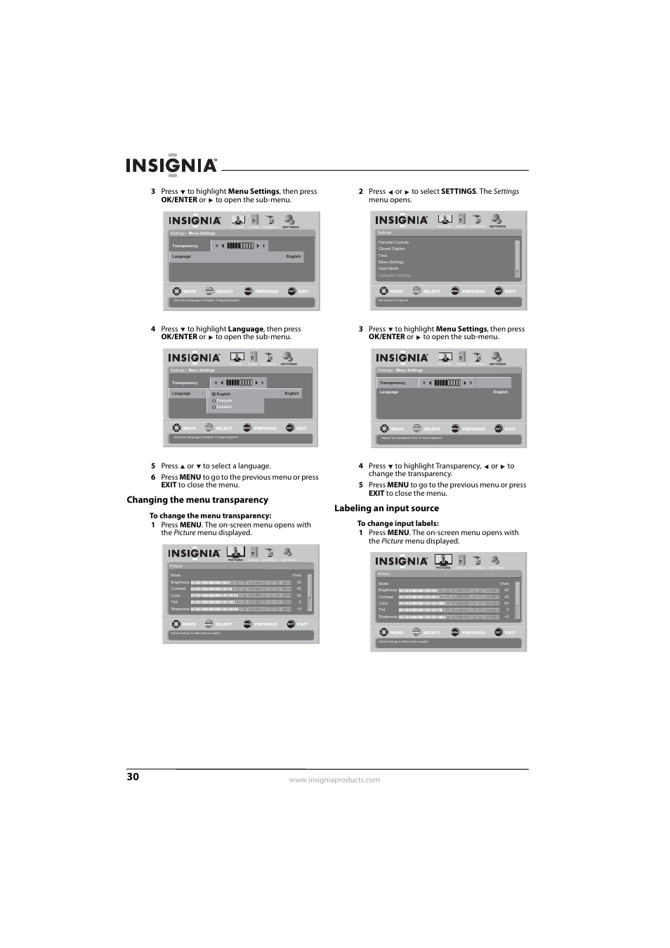 Changing the menu transparency, Labeling an input source | Insignia NS-L42Q-10A User Manual | Page 34 / 60