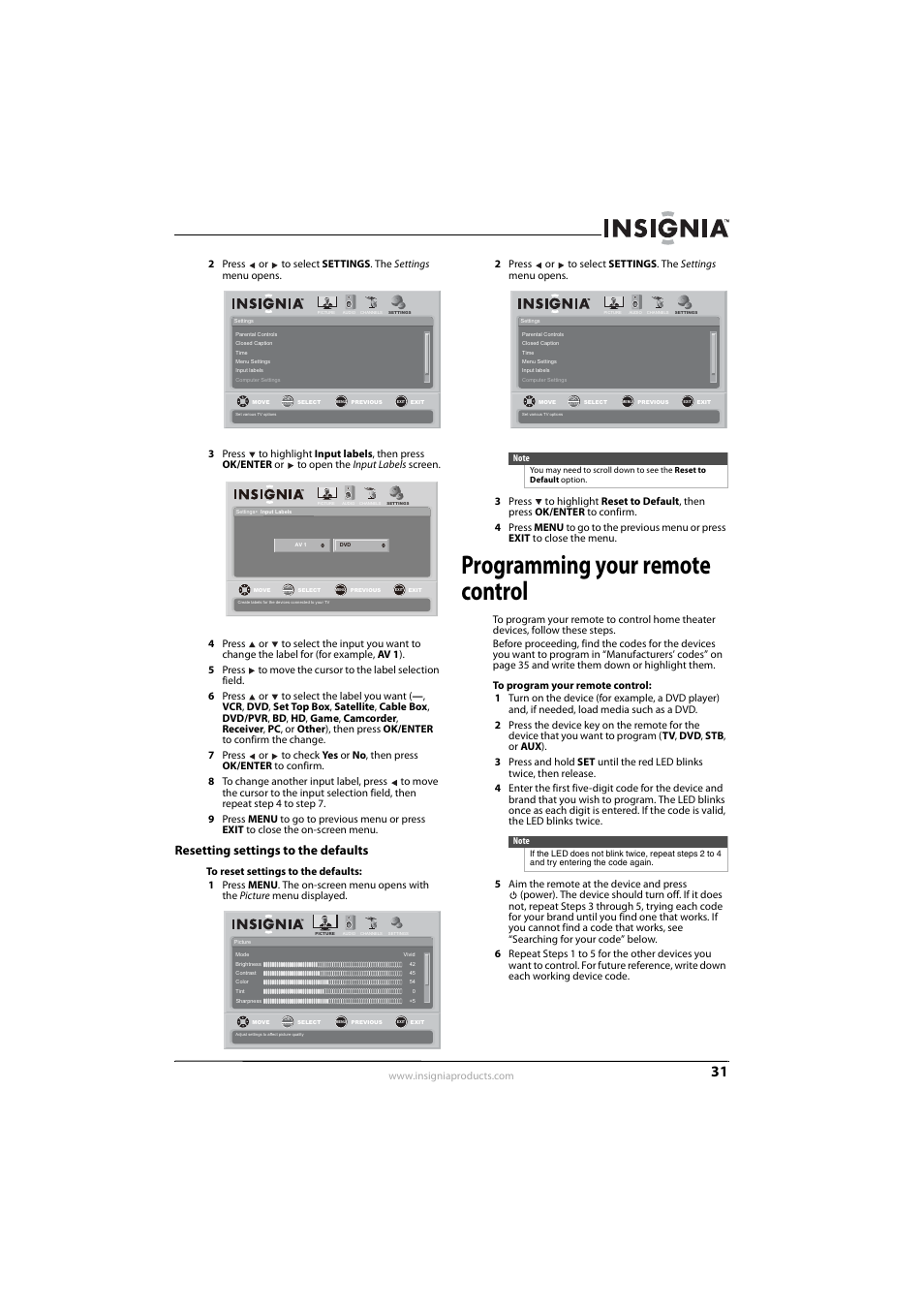 Resetting settings to the defaults, Programming your remote control, Ee “programming your remote control | Insignia NS-L42Q-10A User Manual | Page 35 / 60