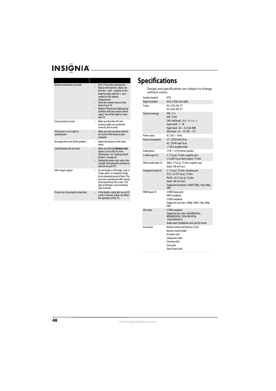 Specifications | Insignia NS-L42Q-10A User Manual | Page 52 / 60