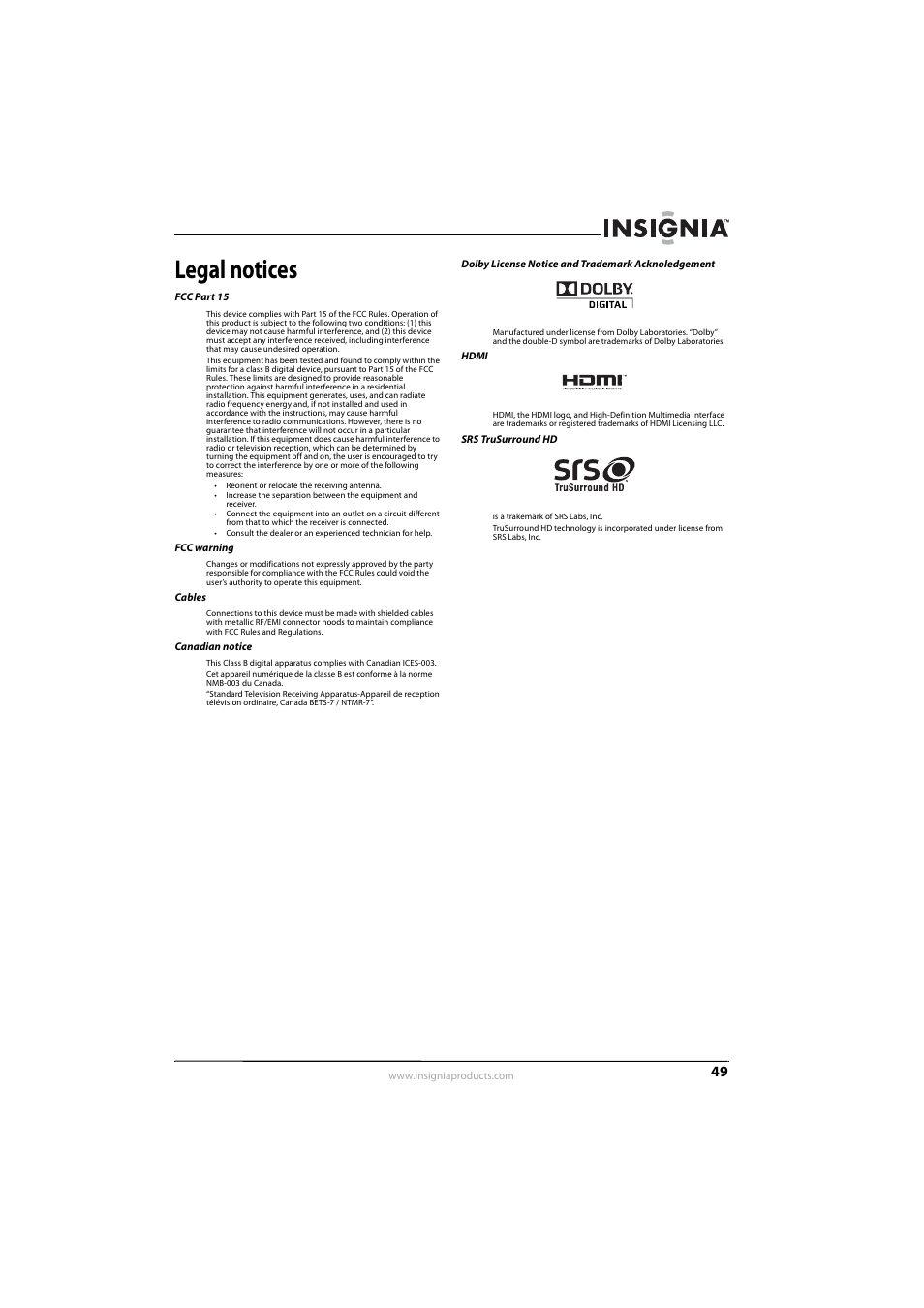 Legal notices | Insignia NS-L42Q-10A User Manual | Page 53 / 60