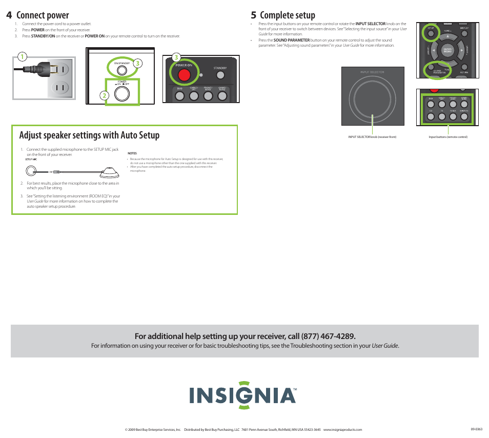 4 connect power, 5 complete setup, Adjust speaker settings with auto setup | Insignia NS-R5101HD User Manual | Page 4 / 4