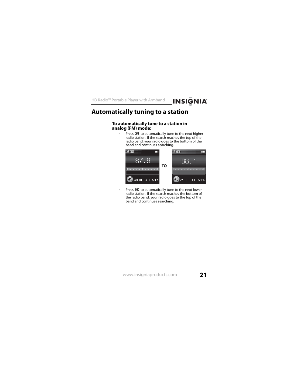 Automatically tuning to a station | Insignia NS-HD01 User Manual | Page 21 / 44