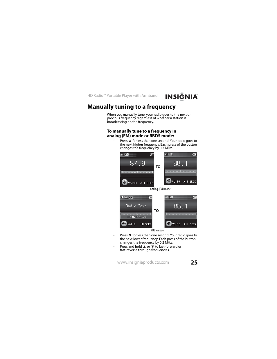 Manually tuning to a frequency | Insignia NS-HD01 User Manual | Page 25 / 44