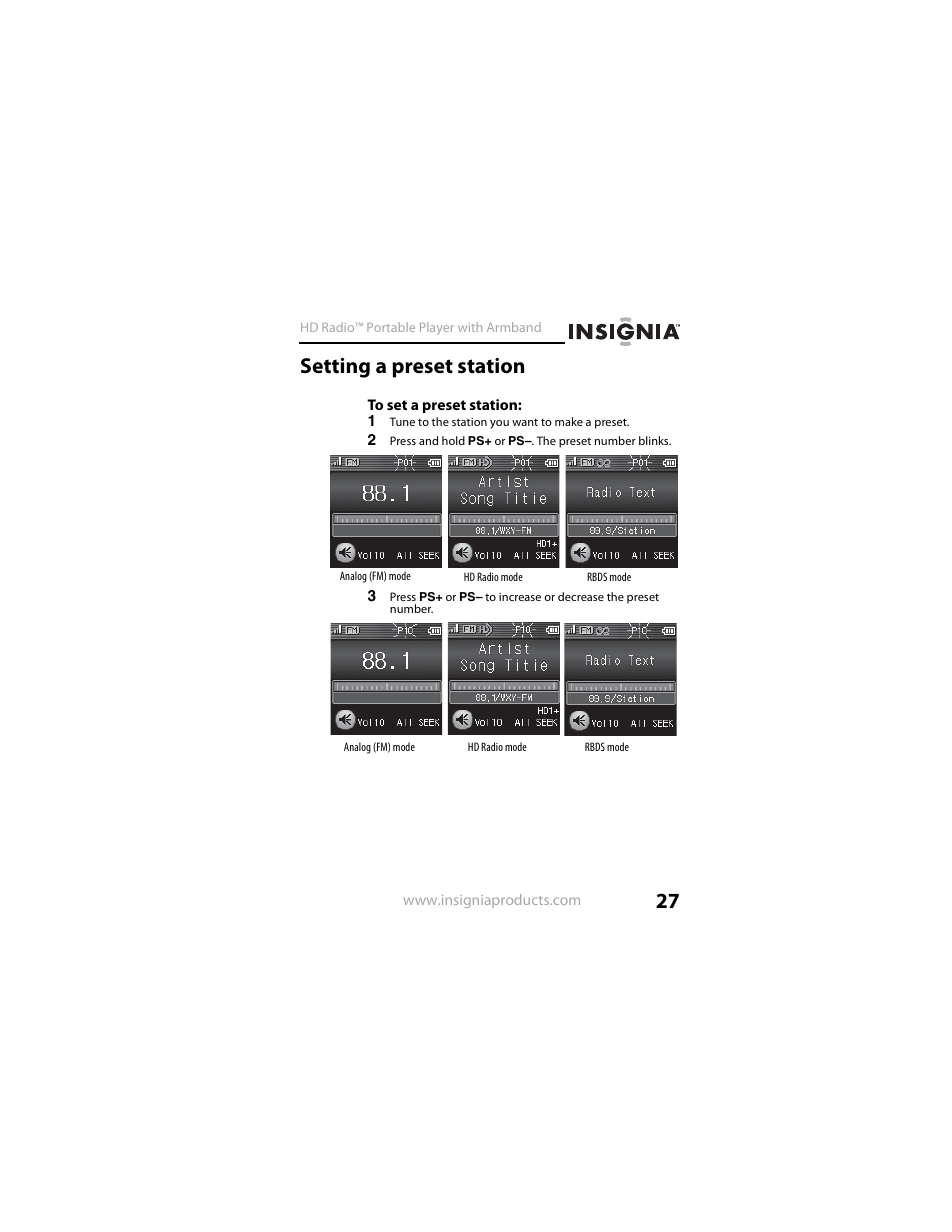Setting a preset station | Insignia NS-HD01 User Manual | Page 27 / 44