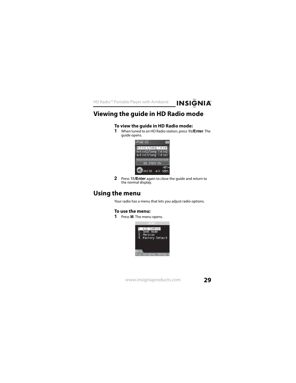 Viewing the guide in hd radio mode, Using the menu, Using the menu” o | Insignia NS-HD01 User Manual | Page 29 / 44