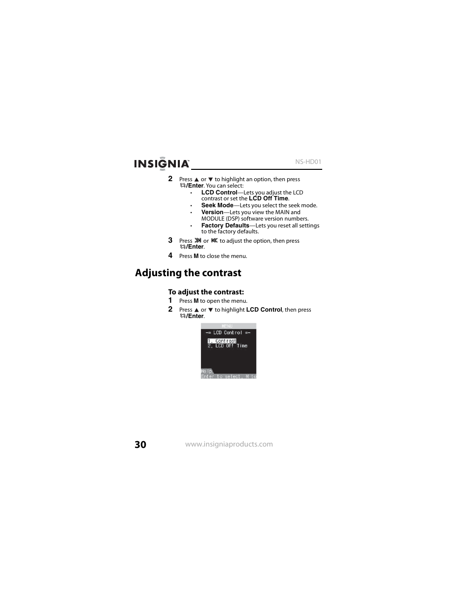 Adjusting the contrast | Insignia NS-HD01 User Manual | Page 30 / 44