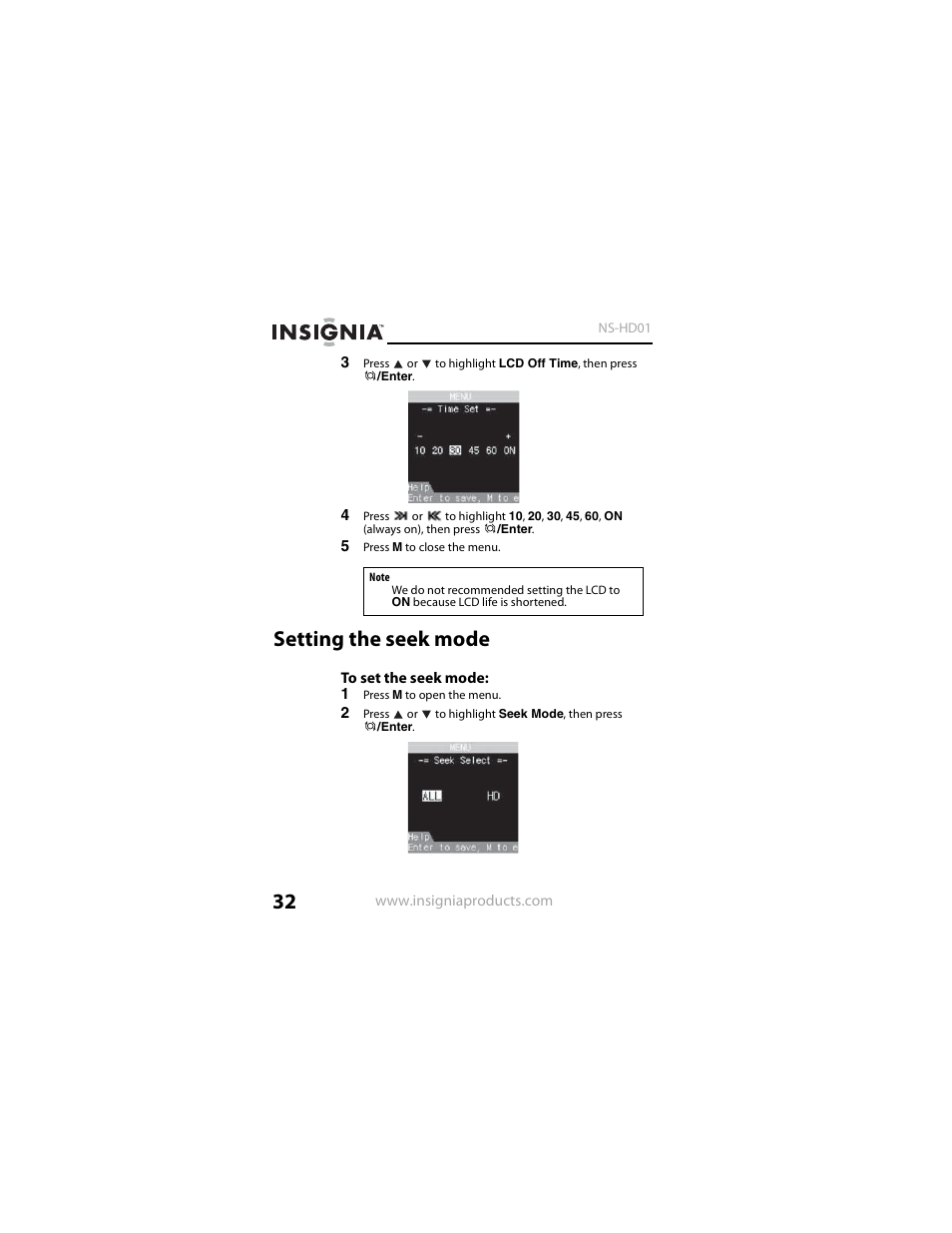 Setting the seek mode | Insignia NS-HD01 User Manual | Page 32 / 44