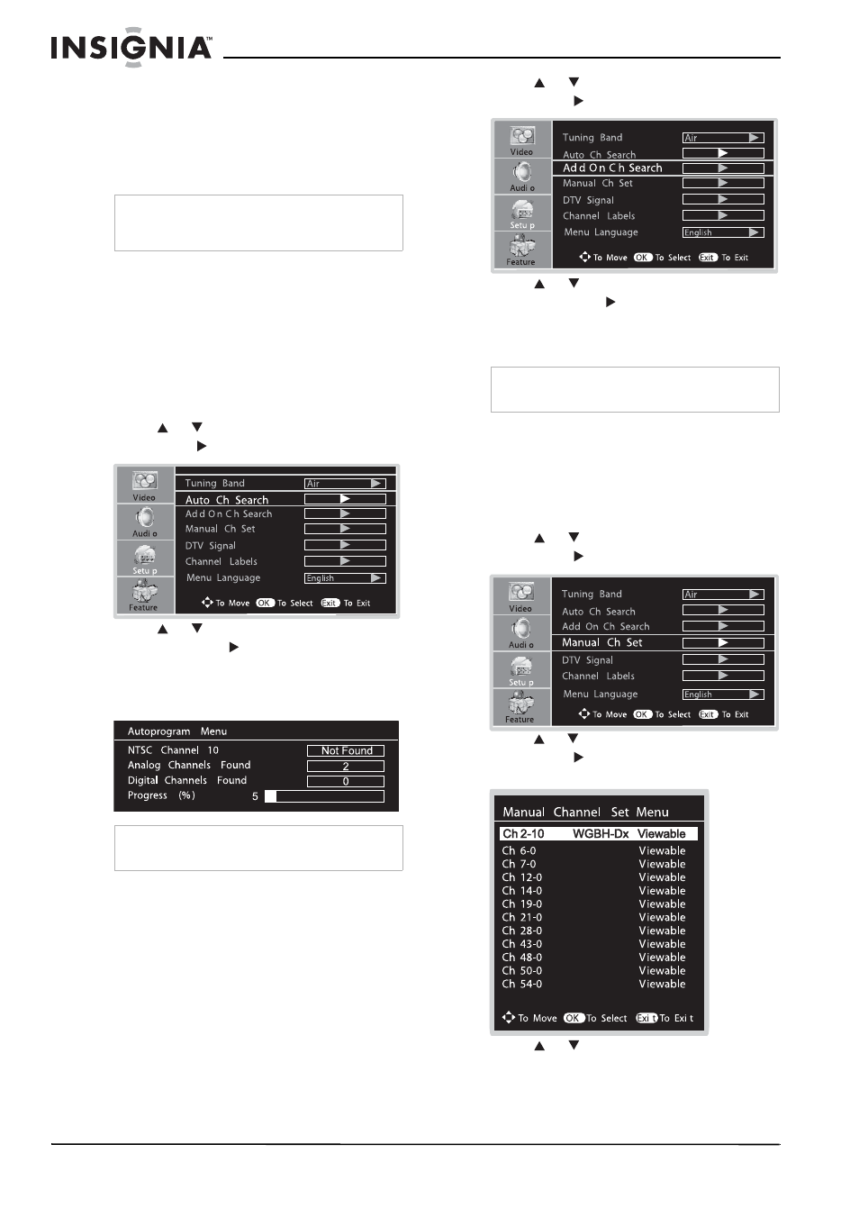 Searching for channels, Automatically adding channels, Manually adding or deleting channels | Insignia NS-LCD37 User Manual | Page 14 / 100