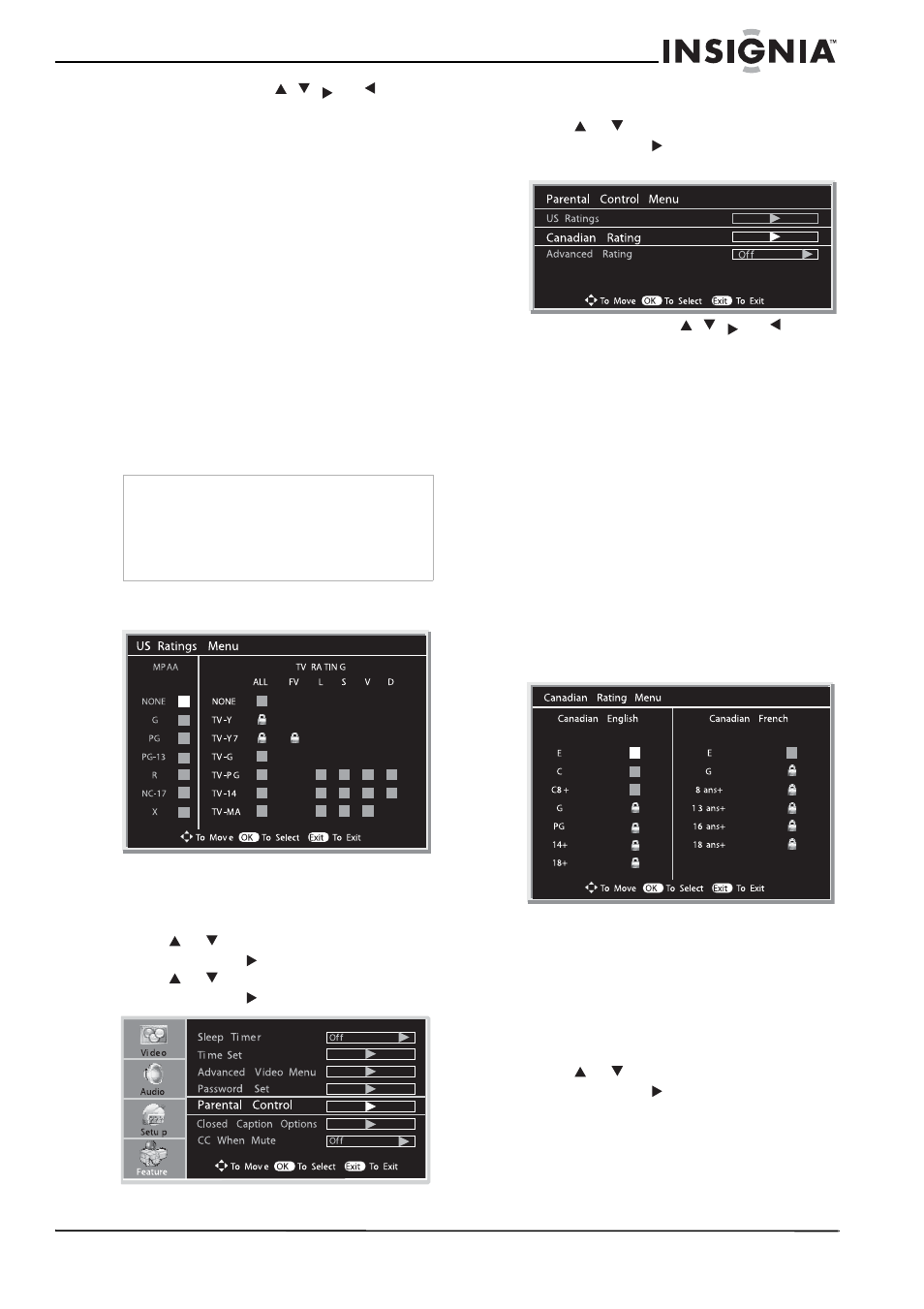 Setting the canadian ratings, Advance rating setup | Insignia NS-LCD37 User Manual | Page 21 / 100