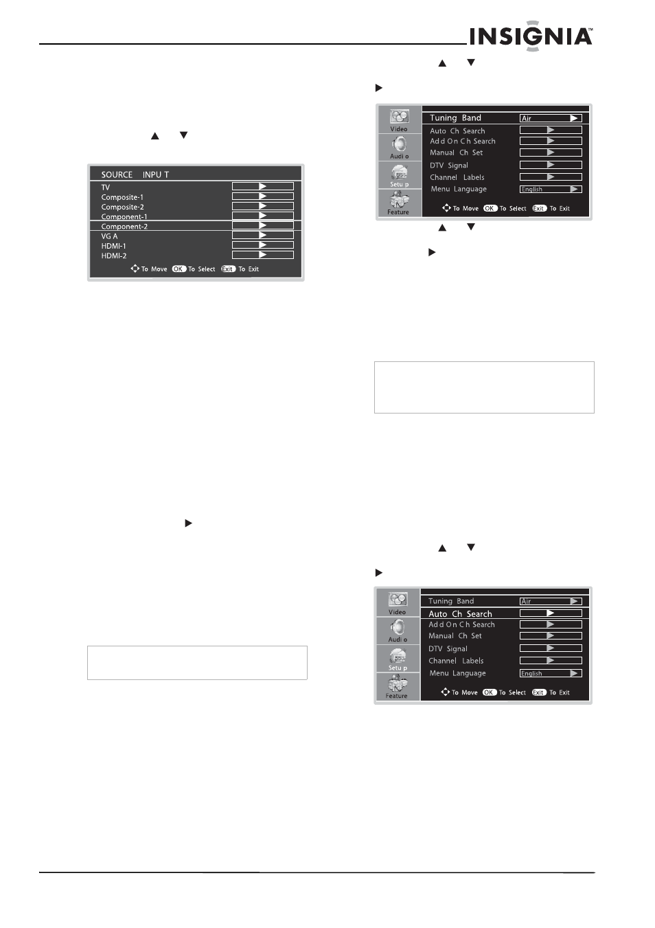 Sélection de la source du signal d'entrée, Mémorisation des canaux, Sélection de la bande de syntonisation | Recherche de canaux | Insignia NS-LCD37 User Manual | Page 45 / 100
