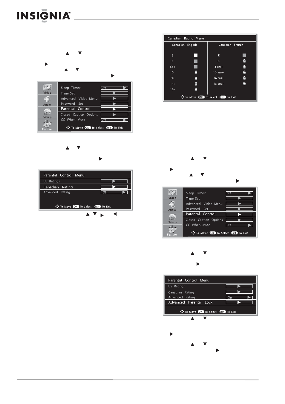 Configuration des classifications du canada, Configuration avancée de la classification | Insignia NS-LCD37 User Manual | Page 54 / 100