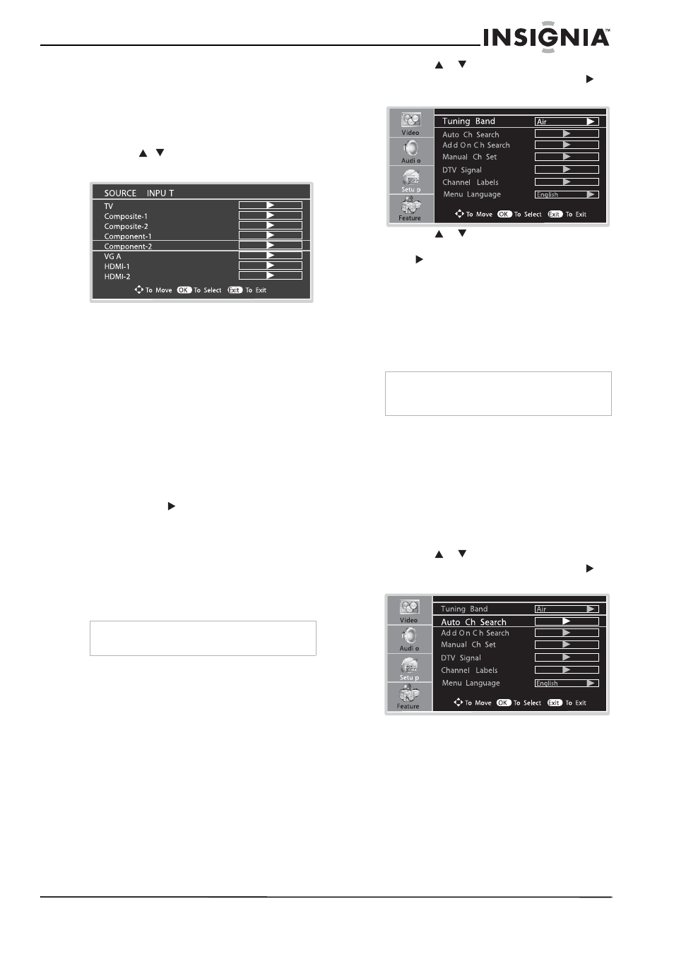 Selección de la fuente de la señal de entrada, Memorización de canales, Selección de la banda de sintonización | Búsqueda de canales | Insignia NS-LCD37 User Manual | Page 77 / 100