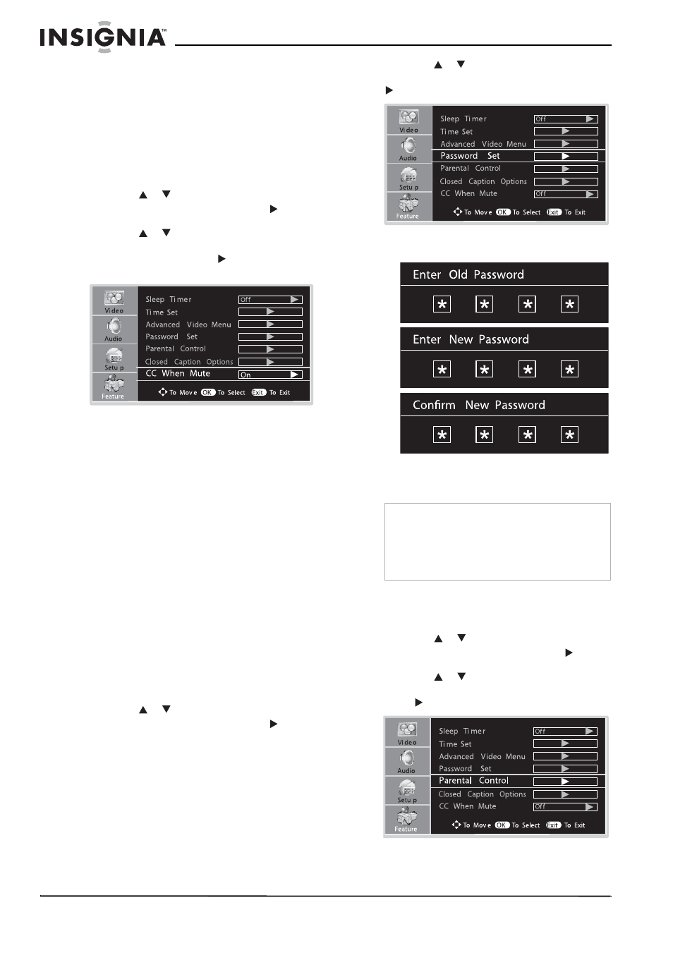 Uso de los controles de los padres, Estableciendo la contraseña, Configuración de la clasificación mpaa | Insignia NS-LCD37 User Manual | Page 84 / 100
