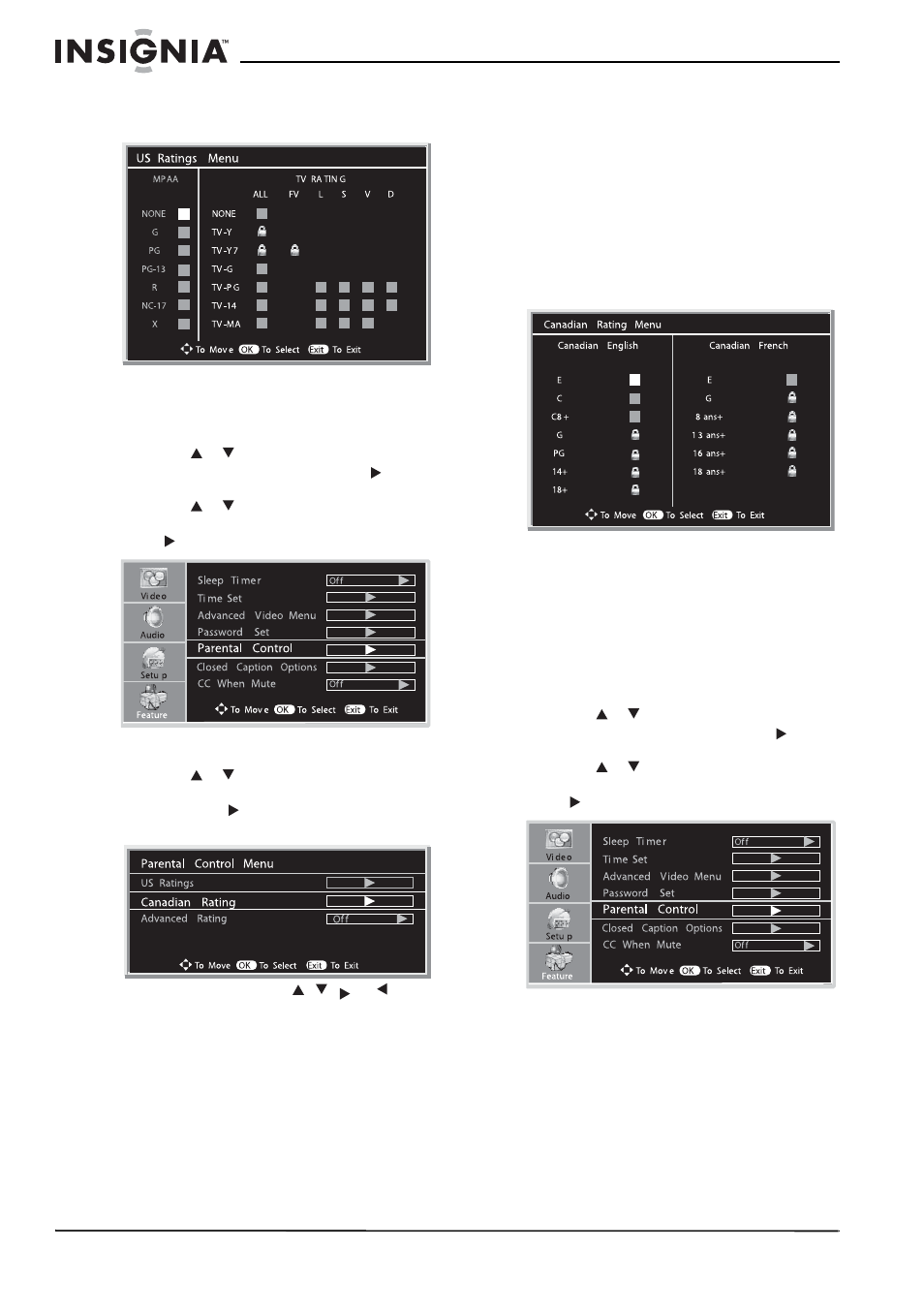 Configuración de las clasificaciones para canadá, Configuración avanzada de clasificaciones | Insignia NS-LCD37 User Manual | Page 86 / 100