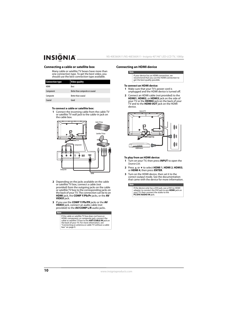 Connecting a cable or satellite box, Connecting an hdmi device, Ee “connecting an hdmi device | Out in antenna | Insignia NS-40E560A11 User Manual | Page 14 / 40