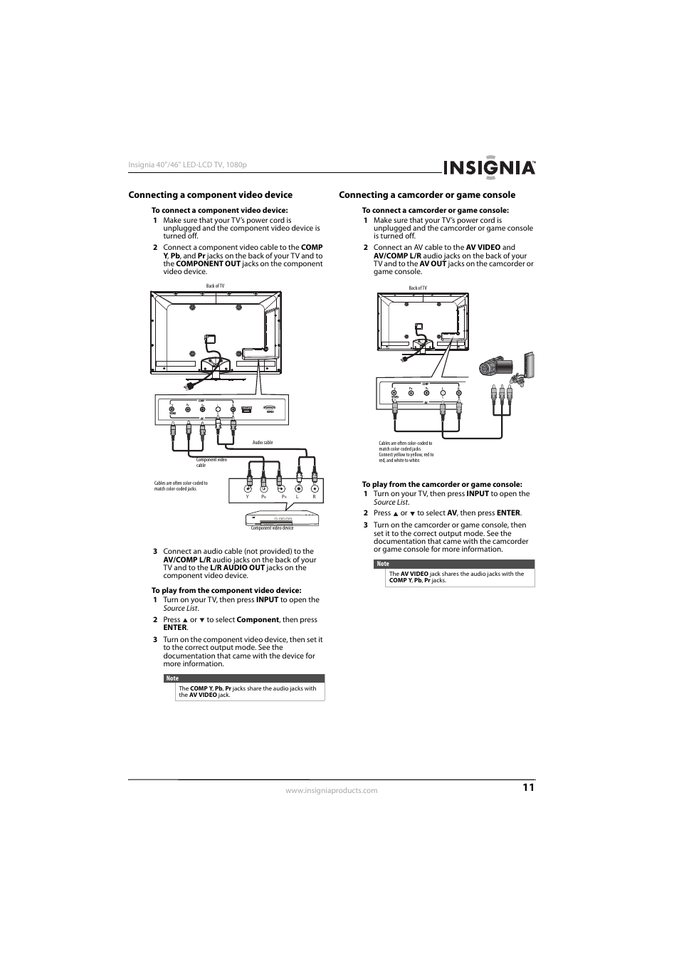 Connecting a component video device, Connecting a camcorder or game console, Ee “connecting a component video device” on | Connecting a camcorder or game console” on, 11 or “connecting a component video device” on | Insignia NS-40E560A11 User Manual | Page 15 / 40