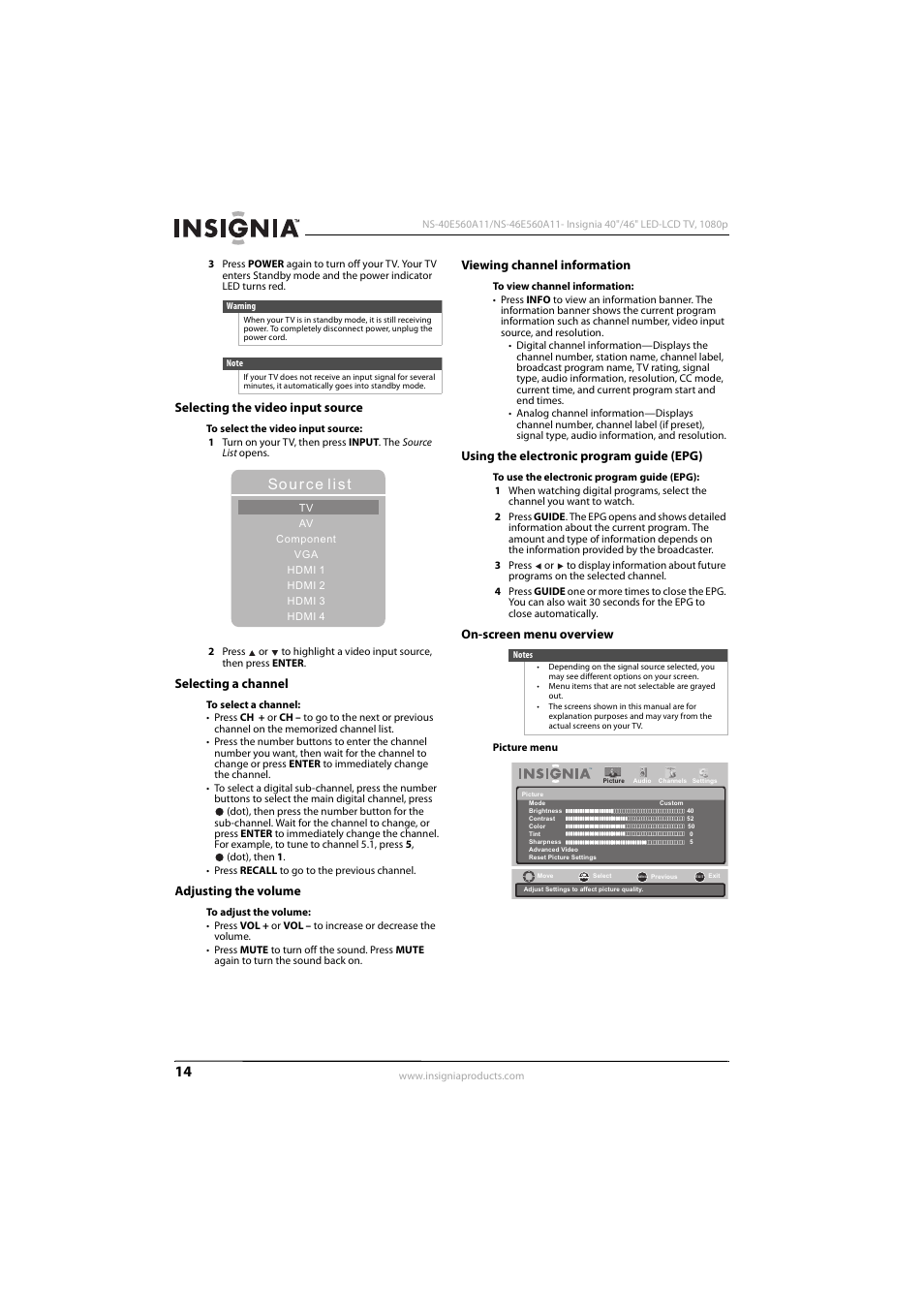 Selecting the video input source, Selecting a channel, Adjusting the volume | Viewing channel information, Using the electronic program guide (epg), On-screen menu overview, E “selecting a channel, Ee “selecting the video input source” o, Ee “viewing channel information” o, Ee “selecting a channel” o | Insignia NS-40E560A11 User Manual | Page 18 / 40