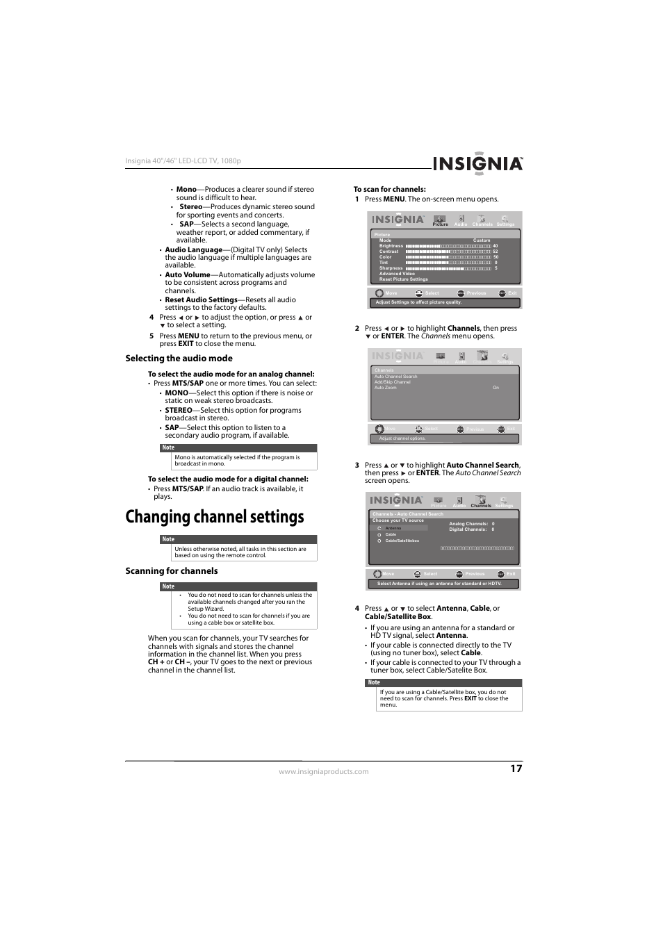 Selecting the audio mode, Changing channel settings, Scanning for channels | Insignia NS-40E560A11 User Manual | Page 21 / 40
