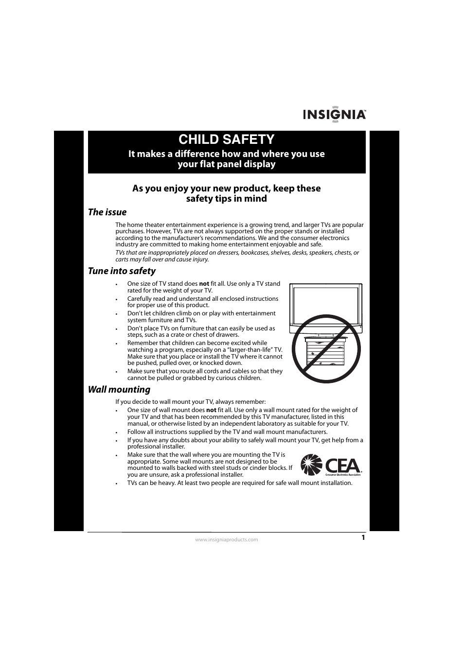 Child safety, Tune into safety, Wall mounting | Insignia NS-40E560A11 User Manual | Page 5 / 40