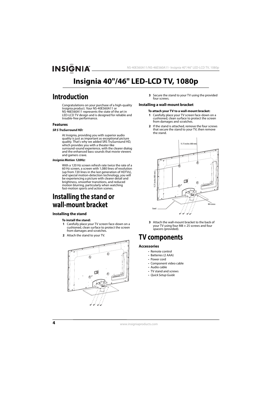 Introduction, Features, Installing the stand or wall-mount bracket | Installing the stand, Installing a wall-mount bracket, Tv components, Accessories | Insignia NS-40E560A11 User Manual | Page 8 / 40