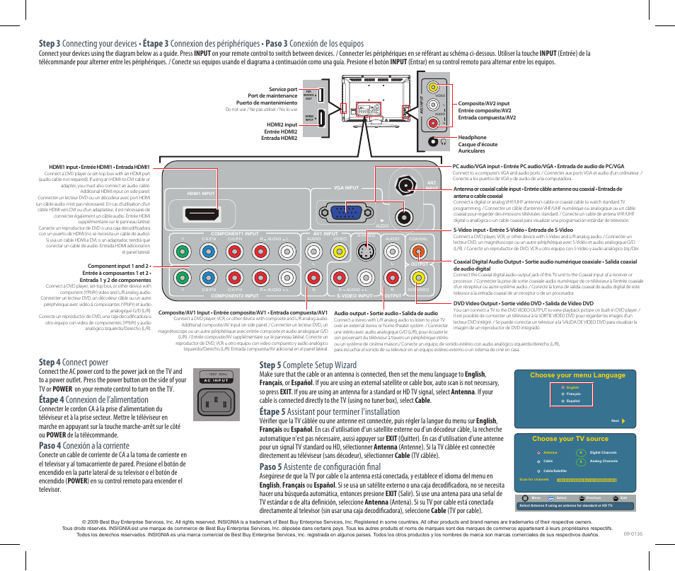 Step 5 complete setup wizard, Étape 5 assistant pour terminer l'installation, Paso 5 asistente de configuración final | Step 4 connect power, Étape 4 connexion de l’alimentation, Paso 4 conexión a la corriente | Insignia NS-LDVD19Q-10A User Manual | Page 2 / 2
