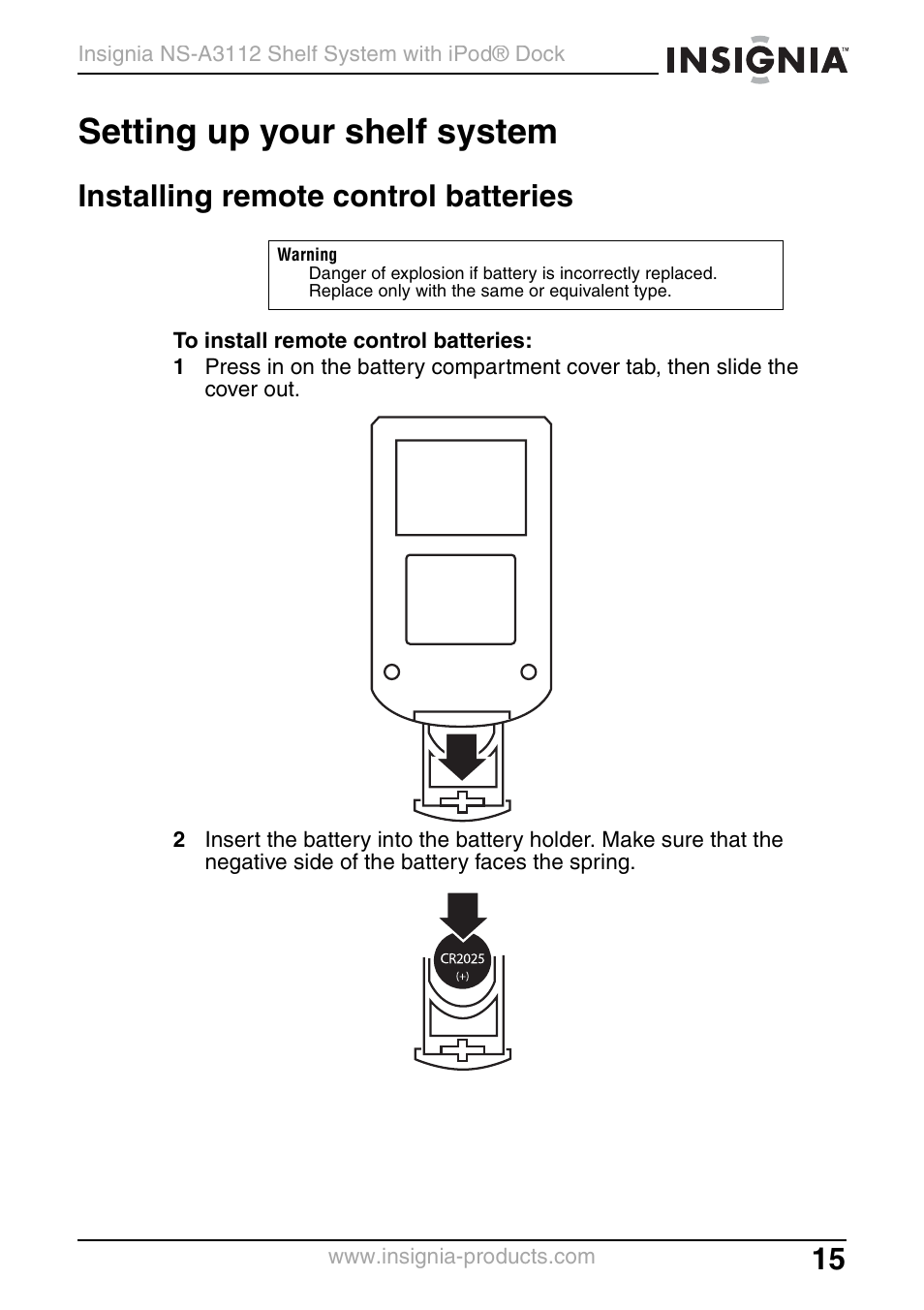 Setting up your shelf system, Installing remote control batteries | Insignia NS-A3112 User Manual | Page 15 / 100